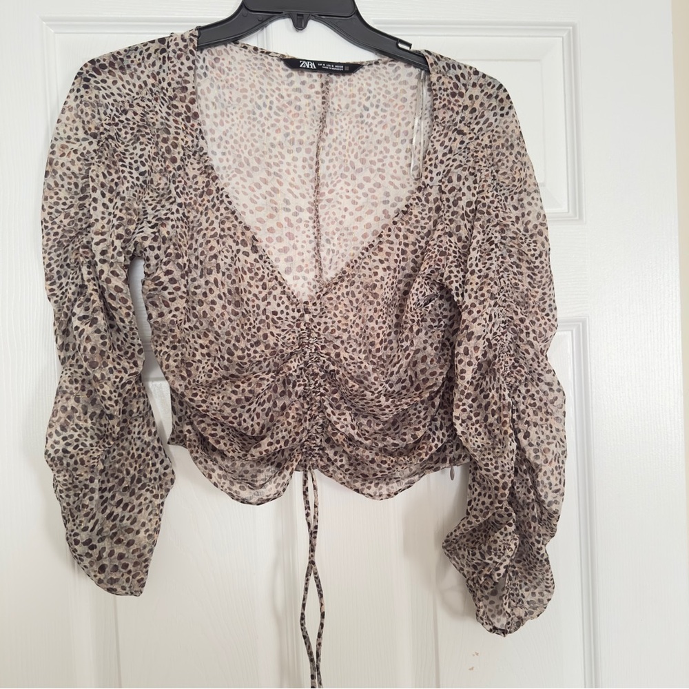 Zara Animal Print Ruched Crop Blouse Women’s Size M Sheer Top